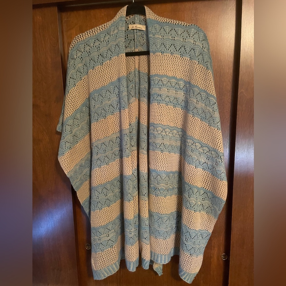 La Fiorentina Shawl Blue Tan Eyelet Crochet